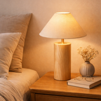 Oslo Natural Wood Artisan Lamp with Linen Shade