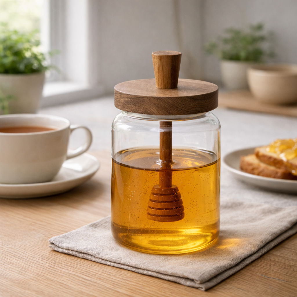 Provence Honey Glass Jar with Wooden Dipper & Sealed Lid